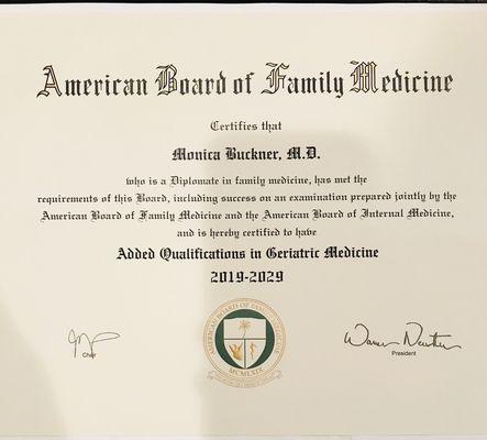 Family medicine and Geriatric Board Certified