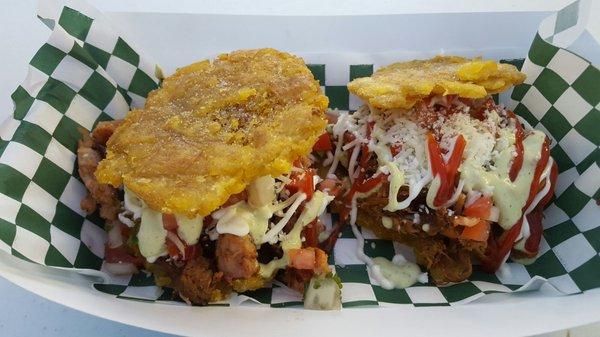 Patacones ($8 for the pair). Pork on the left, beef on the right.