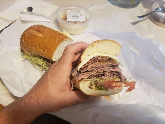 Roast Beef, Mozzerella, Bacon, Lettuce, Tomato, Hot Peppers on a wedge. YUM!