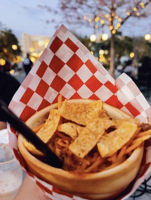 Chili Cone Queso: Beef chili, cheddar cheese & Fritos served in a bread cone from the Cozy Cone Motel. Was a bit on the salty side for me.