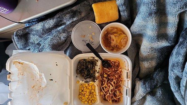 Spaghetti , Greens, corn , peach  cobbler, cornbread  so delicious