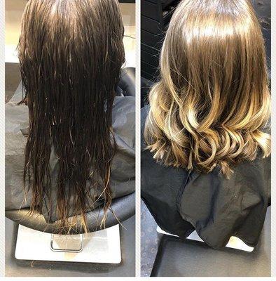 Before and after balayage ombré and base color