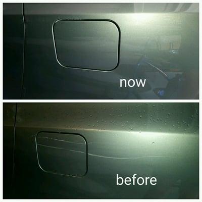 A before and after of a scratch on my van. Kurt worked his magic and you cannot even tell it was ever there.