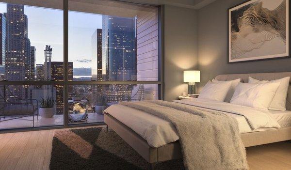 Perla on Broaday - New Contruction in DTLA -Available Oct. 2020 - Modern Bedroom Design with View. Selling Now!