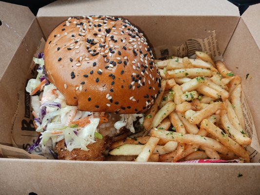 Bang bang fish sandwich and garlic fries.