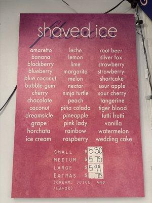 Shaved ice flavors, prices, and sizes