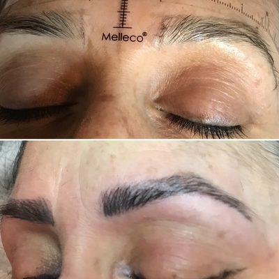 Before and after eyebrow microblading.