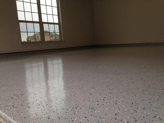 Random Flake Epoxy Garage Floor System - Light Gray w/ Black, White, Gray, Blue Flake