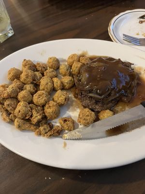 Hamburger steak with caramelized onions (mushrooms not pictured but were great) and  Okra for the side