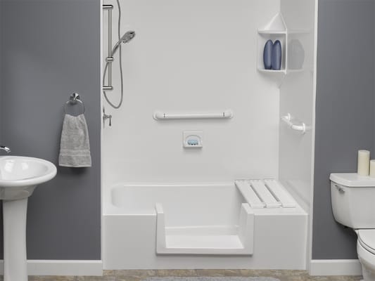 Bath Planet's barrier-free shower bases are designed with a wide enough base to easily accommodate a wheelchair.