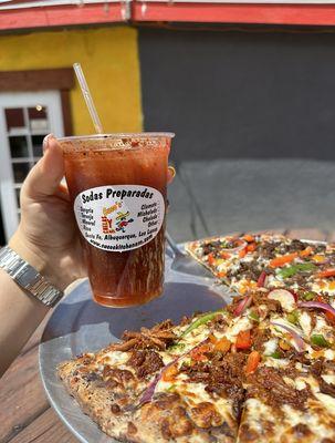 Agua preparada with Pizza de Birria