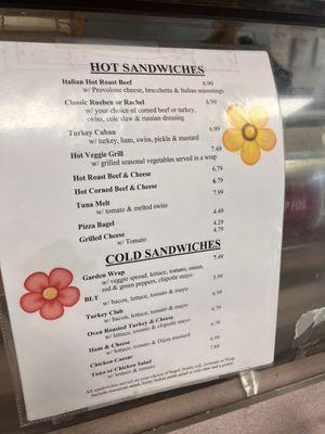 Hot and Cold Sandwich menu