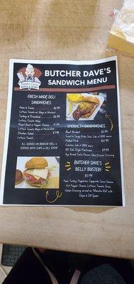 Butcher Dave's Sandwich Menu