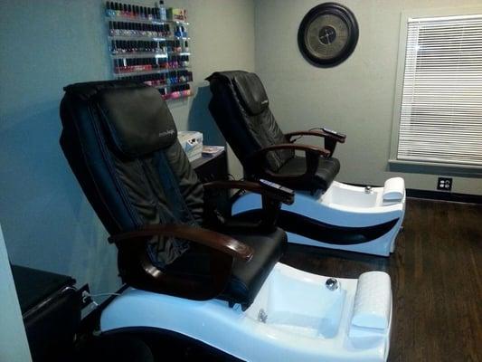 We have 2 pedicure thrones that massage your back and offer light therapy while relaxing with our licensed professionals.