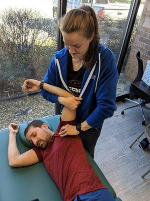 Client presented with pain in overhead movements. Passive/active ROM + tissue assessments revealed restrictions in Pec Major insertion.