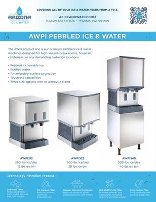 The AWPI pebbled ice and water systems are high volume ice and water dispensers designed for high traffic areas.