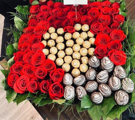 Red roses, Ferrero Rocher, chocolate covered strawberries