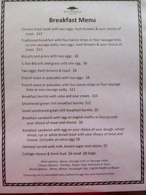 Breakfast menu