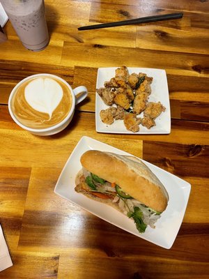 Taro Milk Tea, Latte, Taiwanese Popcorn Chicken and Grilled Pork Banh Mi