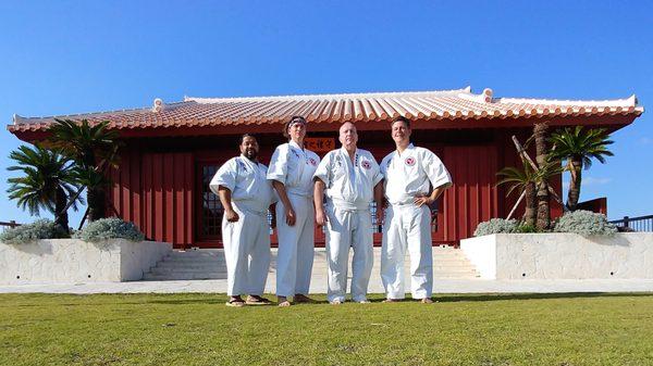 Renshi Agosto, Renshi Wuenstel, Hanshi Lindquist, and Shihan Cave at the Karate Kaikan in Naha Okinawa.