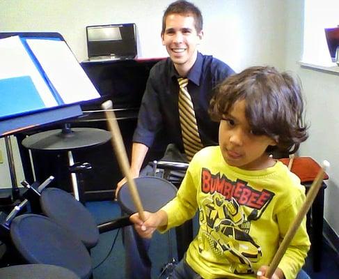 GLSM's youngest drum student enjoying his lesson with Mr. Gorski!