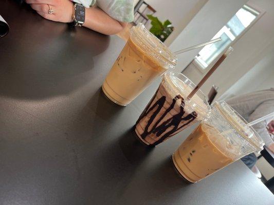 (Left to right) Carmel Macchiato, Mocha Frappe, Carmel Cappuccino