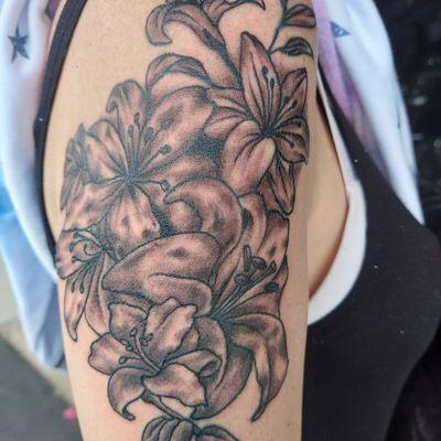 Flowers on a friend's shoulder