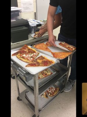 Eggplant parmigiana pizza, feta pizza, cheese pizza, and burrata pizza