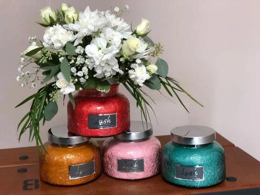 luxury candle, flower arrangement, scented candle