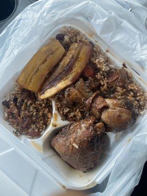 Brown Stew Chicken Lunch with rice/beans, and plantains! Child this is enough for lunch and dinner