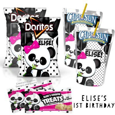 Custom Girl Panda themed 1st birthday party favors created for Elise! Chip bags, juices and Rice Krispie treats.