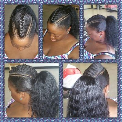 Same style with a different look with wet and wavy ponytail and two braids to compliment the under braid.