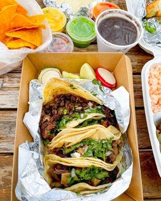 Carne Asada, tacos de lengua, al pastor taco, chips & salsa