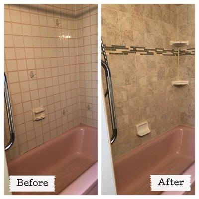 Old 4x4 tile was changed to new 6x6 tile with a band of glass mosaic accent tile.