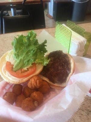 Burger and fried mushrooms