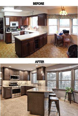 The before and after photo of our kitchen, by KD Rosengrant. It's like it's a different home! We couldn't be happier.