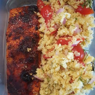 Spicy Maple Glazed Salmon with Tomato Dill Couscous. Healthy Meal Prep Thursday.