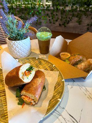 Grilled Chicken Banh Mi, Vietnamese Coffee with Pandan Foam, Poached Shrimp Roll, Vegan Tofu Roll