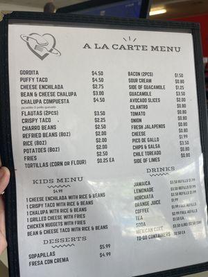 A la carte menu