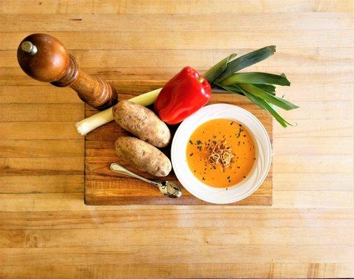 Leek and Potato Soup with Roasted Red Pepper and Crispy Shallot