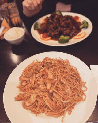 Lo Mein and Orange Beef