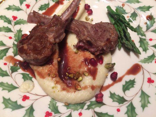 Lamb Chops with Celeriac puree asparagus gifts and a pomegranate reduction