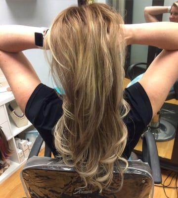 Honey blonde soft ombré color with Tape in extensions