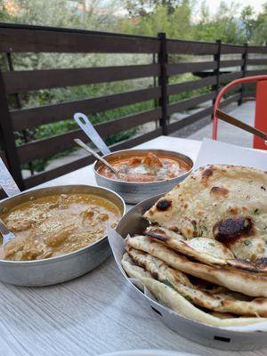 Garlic naan, Chicken Tikka Masala, Chicken Coconut Korma