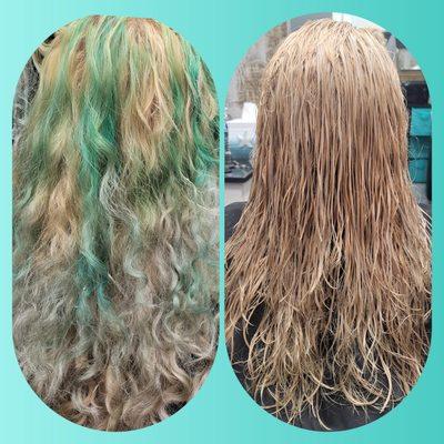 This client came in needing her green color stripped out and blonde freshed up.