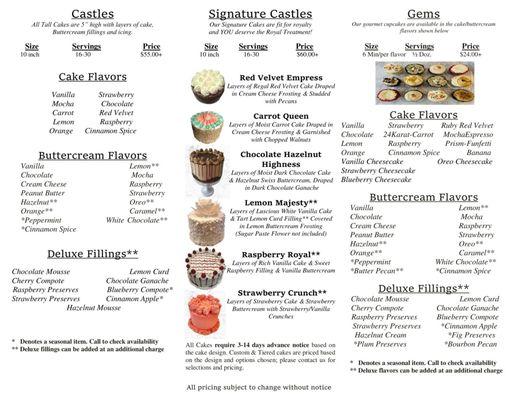 2022 Regency Desserts Cake Menu