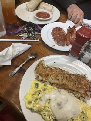 Country omelette, hash browns, southwest chicken burrito, corned beef hash, bacon