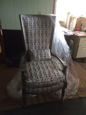 Silver leaf chair finished and reupholstered.