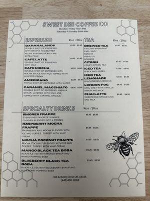 Espresso, tea, and specialty drink menu