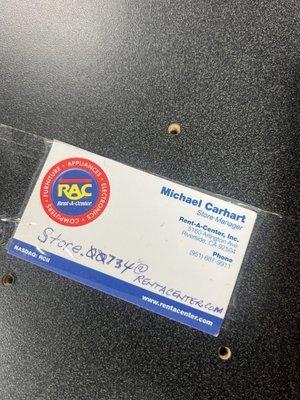 Store manager business card.